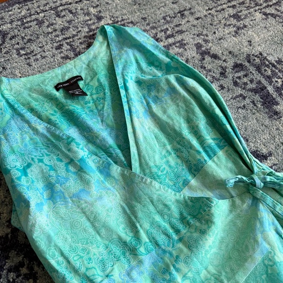 Y2K New York & Co Size 4 100% Cotton Green and Blue Ombré Floral Midi Wrap Dress - Picture 2 of 5
